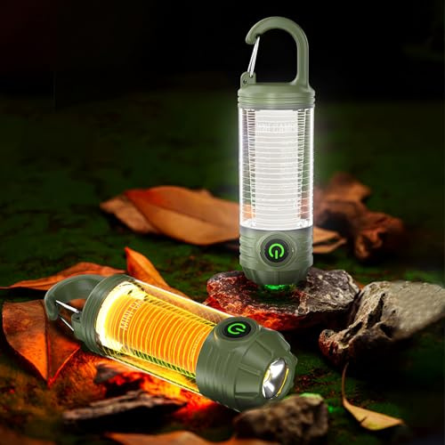 MEETOZ 2 Pcs Rechargeable LED Mini Camping Light, Portable Outdoor Camping Lantern with Hook, White Warm Light and Red Light, Camp Equipment 6 Modes with Signal Flash