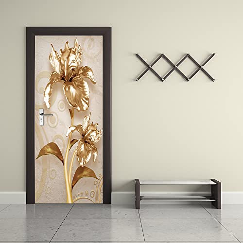 Türtapete selbstklebend TürPoster 3D goldene Blumen Türtapete Selbstklebend Fototapete Türfolie Poster Tapete Abnehmbar Wandtapete für Wohnzimmer Küche Schlafzimmer B100 x H200cm