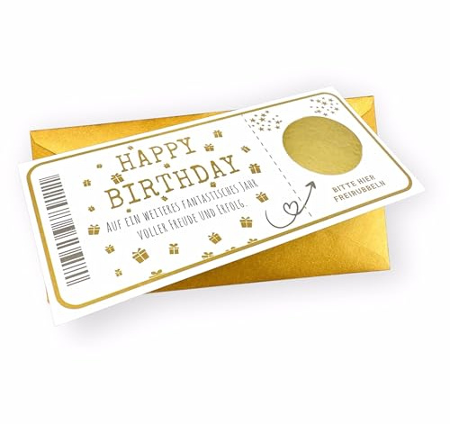 Ticket Geburtstag mit Rubbelaufkleber - Rubbelkarte zum beschriften Einzigartige Geschenk Verpackung - Geburtstags Karte als Gutschein oder Geschenkidee zum freirubbeln