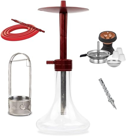 Mr. Eds E29 Rojo Shisha 44 cm | Cachimba con Blow-Off, Cazoleta + Gestor, Porta Carbón Plata, Manguera Silicona, Pinza y 3 Juntas