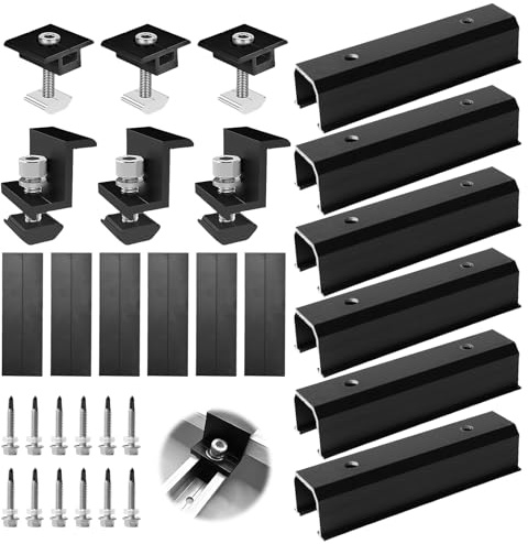 Balkonkraftwerk Halterung, Solarpanel Halterung, Solarmodul Halterung, 12cm Alu Schienen + Verstellbare Klemme für 30-35mm Dicke Module, Solarpanel Befestigung Set für Flachdach Trapezdach, Schwarz