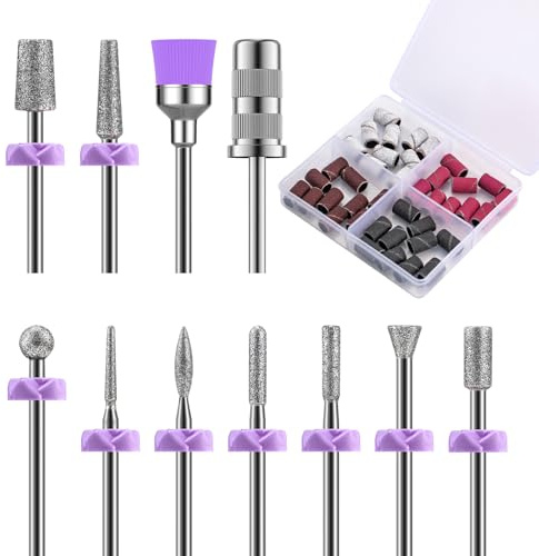 MelodySusie Nagelfräser Bits, 10 Stück Diamant Fräser Nägel Bit Set + 40 Stück Schleifhülsen Schleifkappen + 1 Stück 6.65mm Mandrel Bits, Professionelle Nagelfräser Aufsätze für Maniküre Pediküre