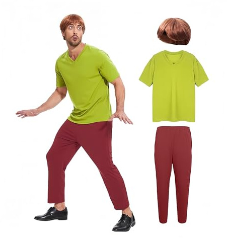 Halloween Grün Kurzarm T-Shirt Braun Hose mit Perücke Kostüm | Herren Halloween Klassische Film Charakter Cosplay Outfits Kostüm Hemd Hosen Perücke für Partys Karneval und Halloween