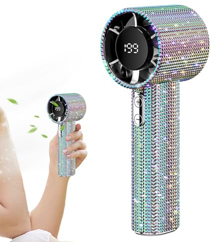 Portable Fan for Travel - Rhinestone Portable Hand Fan Cooling - LED Display Cool Gadgets for Men Women Kids Summer Travel School Picnic Desk Outdoor Beach Camping