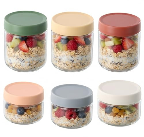 6 Piezas Tarros de Avena Nocturna, 300ml+500ml Tarros de Cristal con Tapa Hermética, Overnight Oats Jar, Vasos Yogurtera, Frascos de Vidrio Reutilizables para Cereales, Mermelada, Encurtidos y Meal Pr