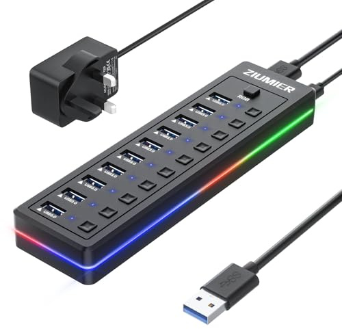 Powered USB Hub, 10-Port USB Splitter with RGB LED Strip