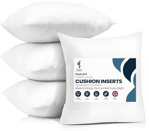 Savera Fashion Cushion Inserts 4 Pack – 45x45 cm Plump Cushion Pads – Soft Hollowfibre Cushion Inners for Sofa Bed Chair – Hypoallergenic Machine Washable Square Cushions