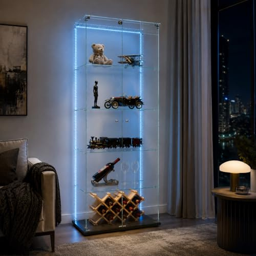 Glasvitrinskåp, stående LED-lampor, vitrinskåp i glas, 5 våningar, 2 dörrar, glasskåp, lämplig för vardagsrum, sovrum, kontor, barer och (svart, 5-steg, 2-dörrar LED-B)
