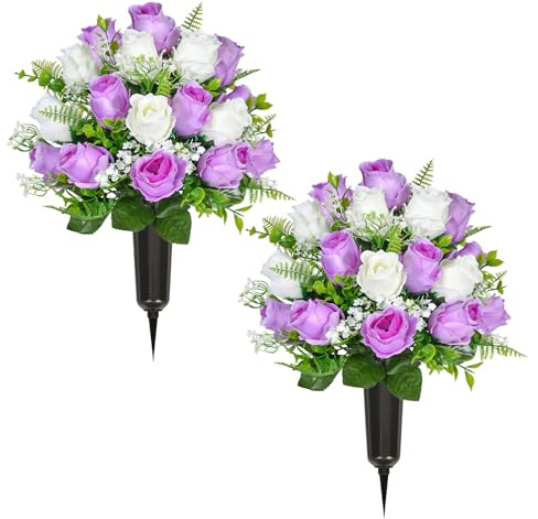 ZOCOYUU 2 Pcs Artificial Cemetery Flowers 43cm Purple Lilac White Roses | Funeral Memorial Bouquet Grave Memorial Faux Silk Flowers with Holders for Long-Lasting Remembrance Outdoor Graveside Decor
