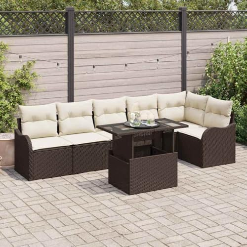 Ziaphsol 7-teiliges Loungesofa-Set, Braun, Poly Rattan, mit Kissen, modular, für Garten, Terrasse, Balkon, UV-beständig, wetterfest
