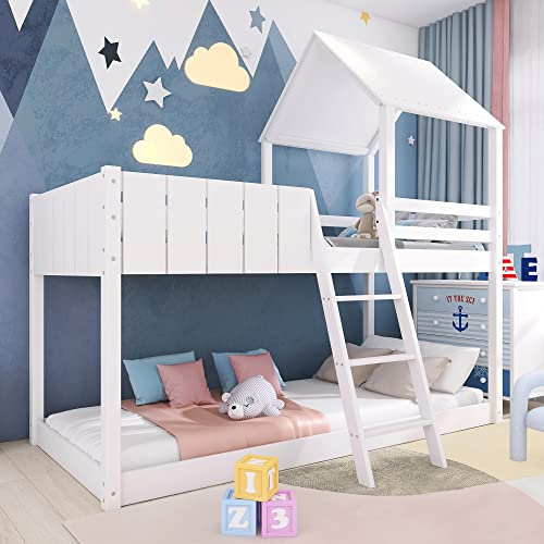 Ball & Cast Wooden Bunk Beds for Kids & Children, Cabin Bed with Ladder and Guard Rail, 3Ft Single Treehouse Canopy, Kids Bed Is A Space-Saving Shaped Design, White-90X190 CM (Without Mattress)
