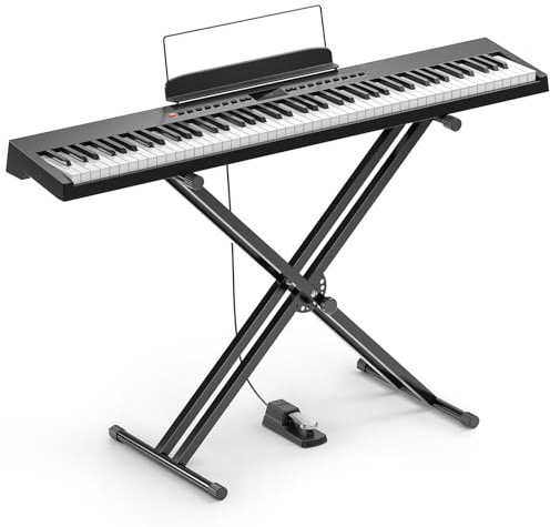 Donner DEP-05 Digitalpiano mit 88 halbgewichteten anschlagdynamischen Tasten für Anfänger, tragbares E-Piano Keyboard Set mit abnehmbarem X-förmigem Ständer und Pedal, Drahtloses und USB-MIDI, Schwarz