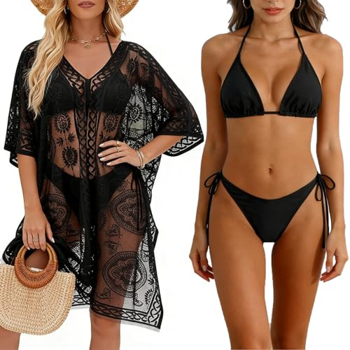 CHMMY Damen Bikini-Set mit Überwurf, Strandkleid Damen Bademode, Spitzen-Strandüberwurf, Durchbrochenes Badeanzug-Überwurf-Set, Badebekleidung Cover-up