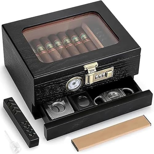 Cave à cigares en bois massif avec couvercle transparent - Boîte de rangement professionnelle doublée de cèdre - Hygromètre - Boîte préajustée pour l'affichage