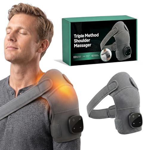 Hewelth Masseur D'épaule Triple Method– Coussin Chauffant, Shiatsu, 3 Niveaux Réglables, Soulagement Douleur Épaule/Cervical/Jambe, Compression & Vibrations