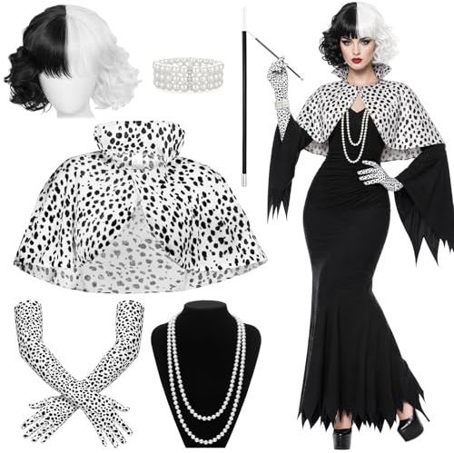 Vervora Cruella Style Costume pour femme 6 pièces cape dalmatienne avec perruque noire et blanche, gants à pois, chaîne de perles, bracelet et accessoires pour les mains pour Halloween et carnaval