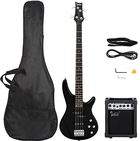 Bonnlo 4 String Full Size Electric Bass Guitar Beginner Kit with 20W Amp, Gig Bag, Strap, Pick and Cable, Black