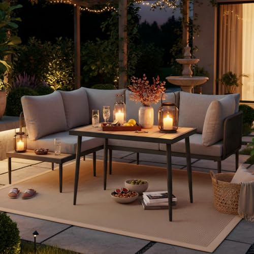 kowdom Garten-Essgruppe als Ecksofa Set mit Esstisch, wetterfeste Gartenmöbel aus verzinktem Stahlrohr & Kunststoffholz, Lounge Set Outdoor mit Olefin-Bezug, für Terrasse & Balkon, Grau