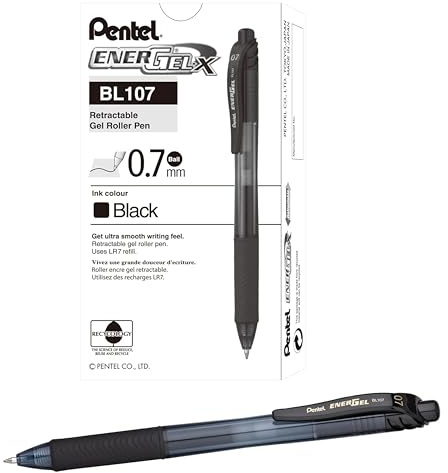 Pentel EnerGel-X Retractable Liquid Gel Pen, (0.7 mm), Medium Line, Black Ink, Box of 12 (BL107-A)