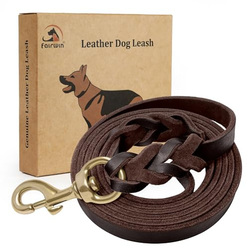 FAIRWIN Braided Leather Dog Training Leash 6 Foot - Dog Leather Leashes Heavy Duty for Large Medium Dogs (Brown, L:3/4 x 6ft)