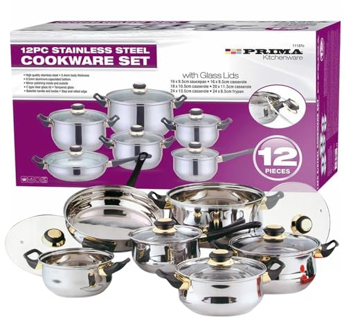 12PC Cookware Set - Saucepan, Frying Pan Pot & Casserole Stainless Steel Cookware | Non Stick, Kitchenware, Glass Lids, | Strong Quality, Long Lasting & Durable (12 Piece Cookware Set)