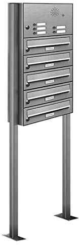 AL Briefkastensysteme 5er V2A Edestahl mit Klingel, Stand Briefkasten rostfrei als 5 Fach Briefkastenanlage Freistehend in Postkasten Design modern