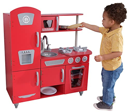 KidKraft Red Vintage Toy Kitchen, Wooden Play Kitchen with Toy Phone, Kids' Kitchen set with Retro Toy Fridge, 53173