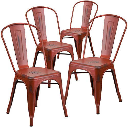 Flash Furniture Blake Stapelstuhl aus Metall, für drinnen und draußen, 4 Stück, Used-Look, Rot