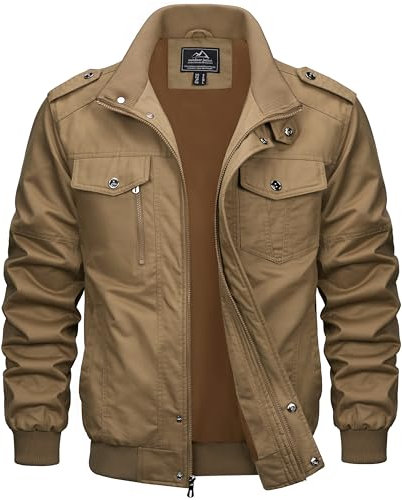 MAGCOMSEN Herren Übergangsjacke Winter Jacke Army Feldjacke Herren Stehkragen Cargojacke mit Multi Taschen Winddicht Baumwolljacke Khaki S