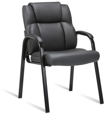 CLATINA Leather Guest Waiting Reception Chair with Padded Arm Rest and Thick Seat Cushion Comfy Stationary Desk Chairs for Office Home Conference Meeting Lobby Hall Side Break Room, Black