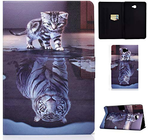 Succtop Samsung Tab A6 Hülle PU Leder Folio Flip Stand Tasche Brieftasche Tablet Schutzhülle mit Stifthalter und Kartenschlitz für Samsung Galaxy Tab A 2016 10.1 Zoll SM-T580/SM-T585 Katze und Tiger