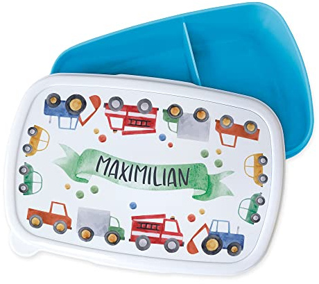 GRAZDesign Brotdose Kinder personalisiert, Lunchbox Kindergarten und Schule, Brotbox in Blau mit Unterteilung, Name und Feuerwehr Auto, Geschenk zu Einschulung