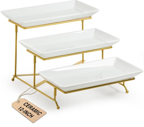 LAUCHUH 3 Tier Serving Tray, Porcelain Serving Platter Tier Serving Stand with Collapsible Sturdier Rack, Serving Trays and Platters Dessert Party Display Set for Mother's Day, Gold, 12 Inch