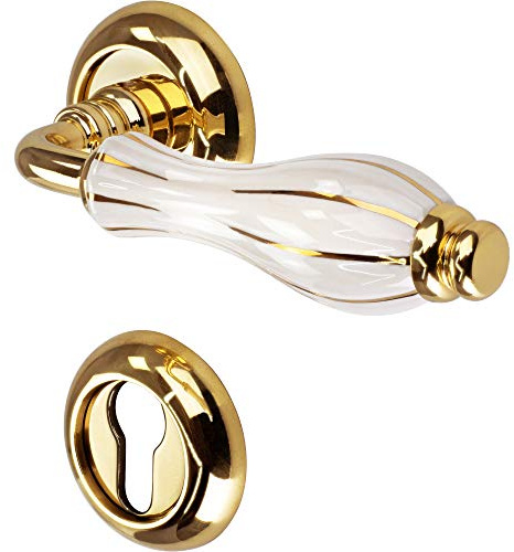 Gedotec Glory-R Designer Door Fitting for Internal Doors, Room Doors, Wooden Doors, Polished Brass, Porcelain, PZ Profile Cylinder, 1 Door Set Including Mounting Material