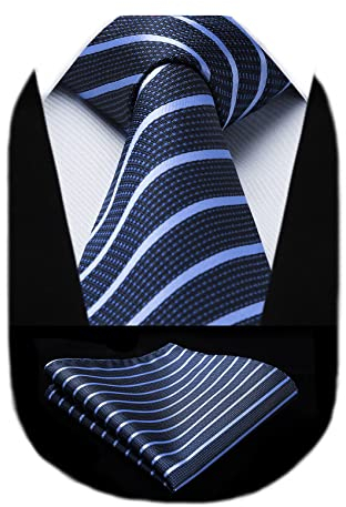 HISDERN Cravate Homme Mouchoir Élégant Classique Rayé Cravates Pour Hommes Et Pochettes Ensemble Mariage Fete Anniversaire (one size, Bleu 1)