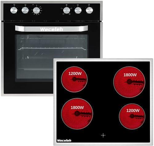 Weceleh Four encastrable Série - 60 x 60 cm - Four multi-fonctions à air chaud 3D - 2000 W - capacité de 63 L - Table de cuisson vitrocéramique 60cm - 4 foyers - 6000W - Noir