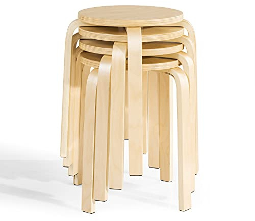 GiantexUK 4PCS Stacking Round Stools, Modern Bent Bar Stools with Non-Slip Footpads, Kitchen Dining Chair for Home Office Pub and Living Room (without Cushioned Seat, Natural)