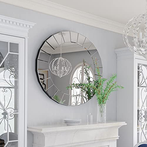 Decorative Art Wall Mirror Entryway : Elegant Artistic Look 5mm Premium Glass 80x80x1.7cm Circle Accent Mirror Silver Reflection Decor Mirrors Wall Mount for Living Room, Bathroom, Fireplace