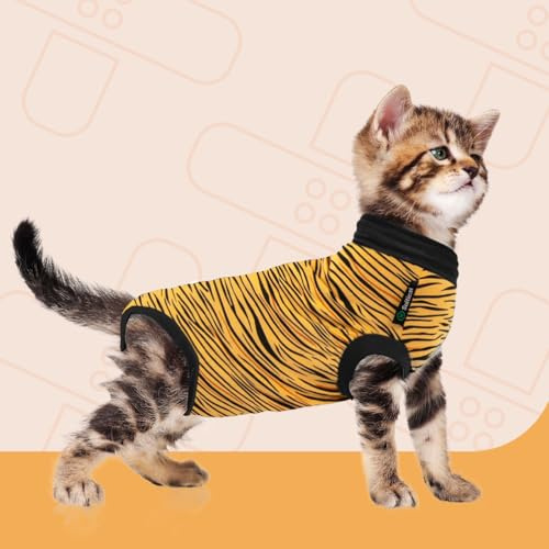 Suitical Cat Recovery Suit for Spay, Neuter, Suture, Incision, & Skin Conditions - Breathable Fabric with Back Opening - 11.4-14.6 Inches Neck to Tail, 13-16 Inches Chest - 3XS, Tiger Print