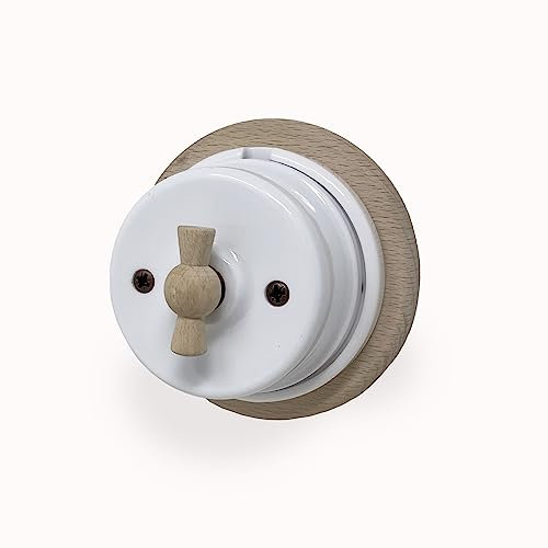 Interruttore/Deviatore in Porcellana Bianca con Comando Asola in Legno diametro 80mm con Base in legno naturale, Facile Installazione – Design Vintage per Impianti Elettrici a Vista