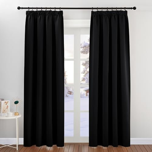 PONY DANCE Pencil Pleat Door Curtain Blackout - 2 Panels Thermal Insulated Curtains for Living Room Privacy Screen Heat Cold Blocking, 46 inch Width x 84 inch Drop, Black