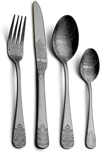 Tafelbesteck, Vintage-Muster, Silberbesteck, 24-teilig, Vergoldetes Besteck Aus 18/10-Edelstahl, Besteckset Für 6 Personen, Wiederverwendbares Tafelservice,24cs Schwarz,Picturesque234