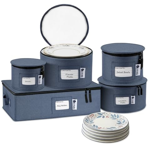 China Storage Hard Shell Containers 5-Piece Set Moving Boxes for Dinnerware, Glasses, Plates, Mugs and Saucers Sturdy Dish Organizer with Dividers for Seasonal Storage - Service for 12 - Denim Blue