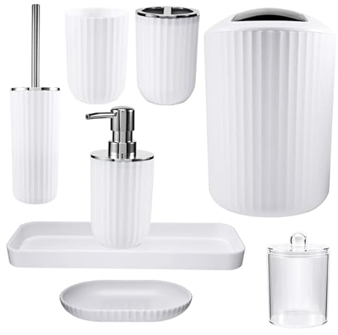 8 Pieces Bathroom Accessories Set White- Bathroom Bin,Toilet Bowl Brush,Hand Soap Dispenser, Mouthwash Cup, Toothbrush Holder, Toothpick Holder, Soap Dish, Holder Tray - Bathroom Accessory