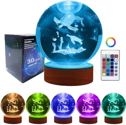Gutsyluv Veilleuse 3D en forme de boule de cristal avec base en bois 16 couleurs LED avec télécommande, 8,9 cm, lampe holographique gravure laser 3D (tortue)