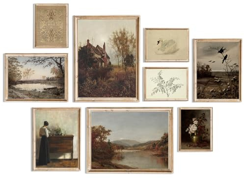 uniro Vintage Wall Art Decor Prints Farmhouse Wall Decor Vintage Fall Autumn Canvas Wall Art Prints Nature Landscape Lakes Swan Botanical Flower Women Painting Poster Rustic Cottagecore Decor Retro