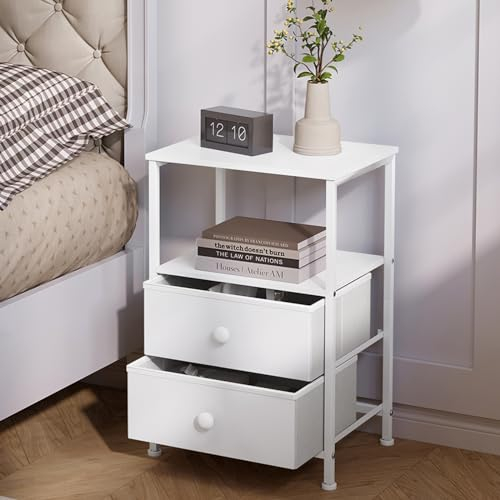 EUGAD Nachttisch mit 2 Schubladen und 1 Ablagen, 40x60x30 cm, Nachtkommode Nachtschrank Beistelltisch Couchtisch Sofatisch, aus Vliesstoff, Metall, Holz, Weiß, 0009CTG