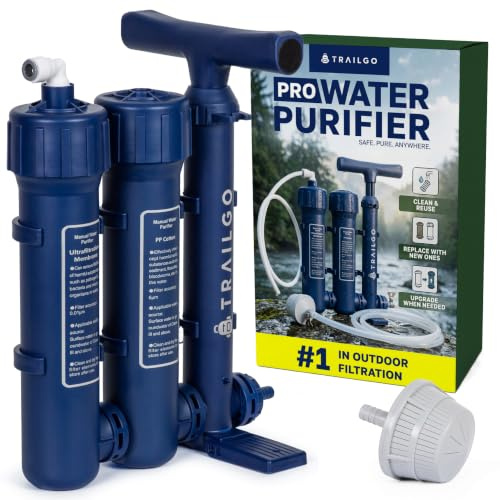 Trailgo Pro Water Purifier Water Purification System for Survival - High-Volume Hand Pump Portable Water Filter for Camping, Hiking, Hunting, Emergency Preparedness - 3-Stage Water Filtration System