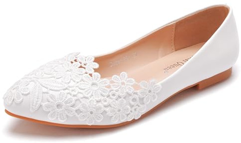 FGRID Chaussures Plates de Ballet pour Femmes, Chaussures de mariée Ballerine découpées en Dentelle Blanche à Bout Pointu, Chaussures Dolly Mariage à Bout fermé Grande Taille