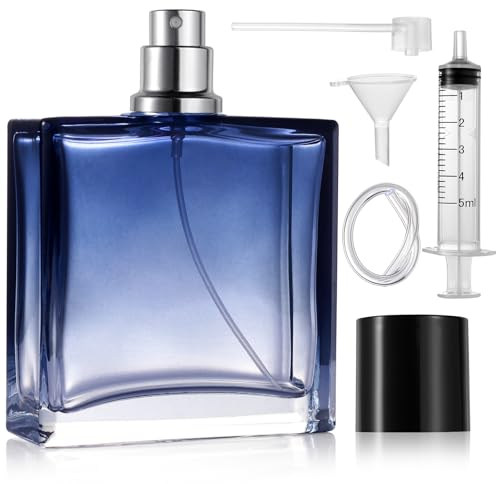 Nadinsta 100ml Empty Glass Perfume Atomiser, Refillable Gradient Blue Perfume Travel Bottle, Portable Travel Perfume Glass Spray Bottle With Funnel for Gift